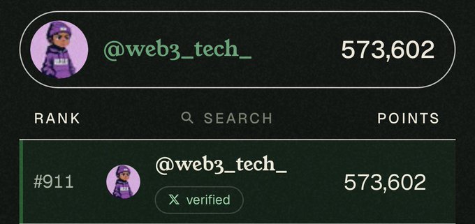 A screenshot shows a verified X account '@web3_tech_' ranked #911 with 573,602 points.