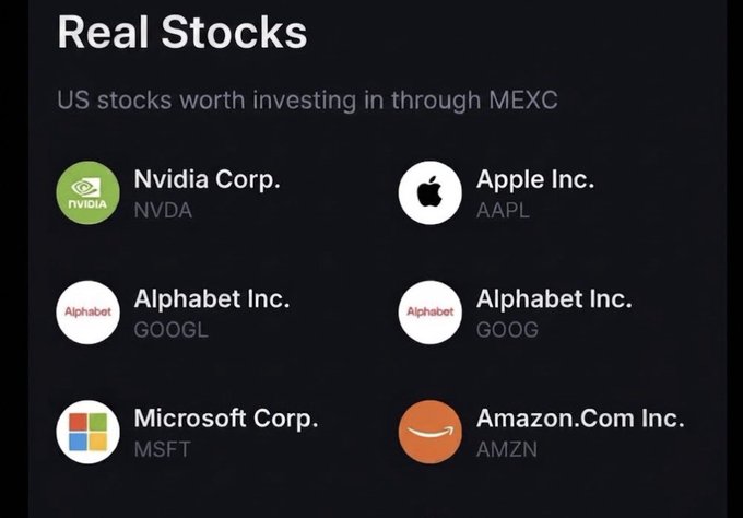 A 'Real Stocks' screen listing US stocks available through MEXC exchange, showing Nvidia Corp. (NVDA), Apple Inc. (AAPL), Alphabet Inc. (GOOGL and GOOG), Microsoft Corp. (MSFT), and Amazon.Com Inc. (AMZN) with their logos.