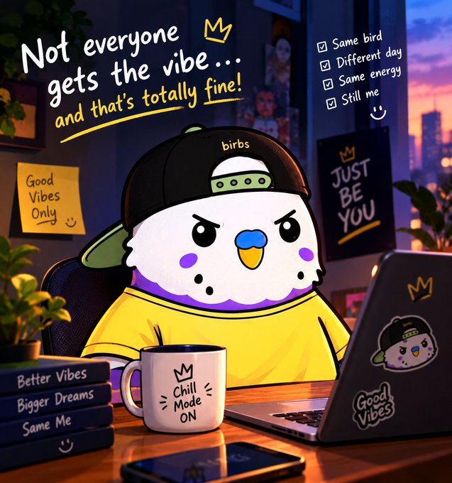 An illustration of an angry-looking white and purple bird character wearing a yellow shirt and a 'birbs' cap, sitting at a desk with a laptop and mug; text reads 'Not everyone gets the vibe... and that's totally fine!' alongside 'JUST BE YOU' and 'Good Vibes Only'.