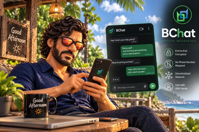 An advertisement for 'BChat,' a private messaging app, showing a man on his phone with the app interface and highlighting features like End-to-End Encrypted, No Phone Number Required, Decentralized Network, and Use with BNS Name.