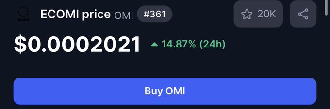 The image shows a screenshot of a trading app, specifically Ecmi Price, which displays the current price of $OMI 2021. The app also provides options for buying or selling OMI, with the option to buy at $0.002002021 and sell at $14.87 per share. The post on social media seems to be promoting this trading app, as it is titled "Anyone else starting to get $OMI 2021 vibes".