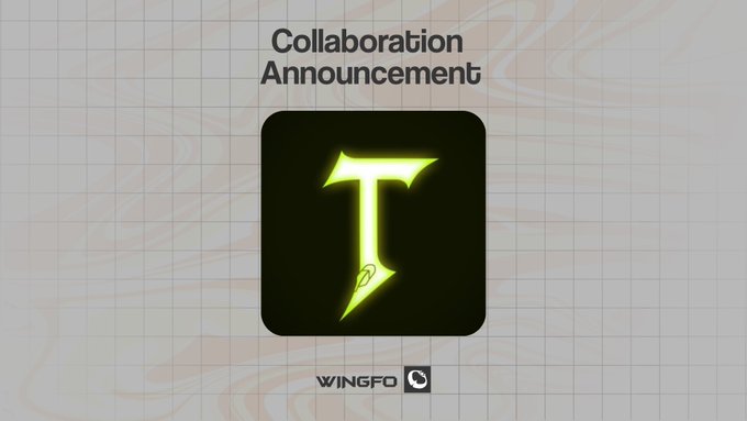 A collaboration announcement graphic from Wingfo features a stylized glowing neon green "T" logo on a black background with the text "Collaboration Announcement" at the top, promoting the upcoming partnership with Titans (TitansHood), an art-first, mythology-themed NFT collection with a supply of 3333.