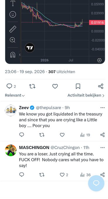 A TradingView chart post by 'Zeev (@thepulsare)' showing a price drop to 0.01916, with community comments mocking the poster about a treasury liquidation.