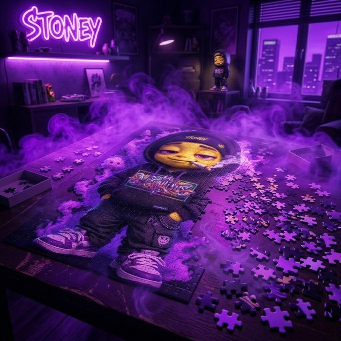 A purple-themed puzzle featuring a stylized character named 'STONEY' in a hoodie, displayed on a table with a neon sign in the background.