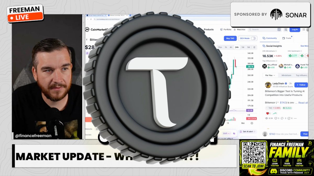 A screenshot of a live stream titled "MARKET UPDATE" by "@financefreeman" features a man with a beard on the left, with a large grey T (TAO) cryptocurrency token logo overlaid on a CoinMarketCap chart.