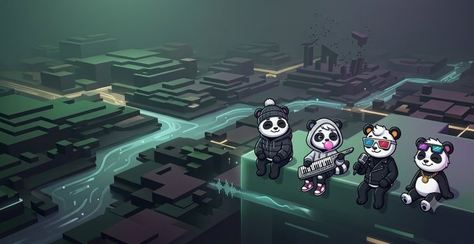 An illustration of four cartoon pandas in streetwear and sunglasses sitting on a rooftop ledge overlooking a stylized, futuristic city.