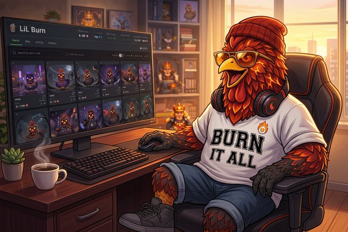 An illustration of an anthropomorphic rooster character named 'Lil Burn' wearing sunglasses, headphones, and a beanie, sitting at a computer displaying NFT collections, wearing a t-shirt that says 'BURN IT ALL'.