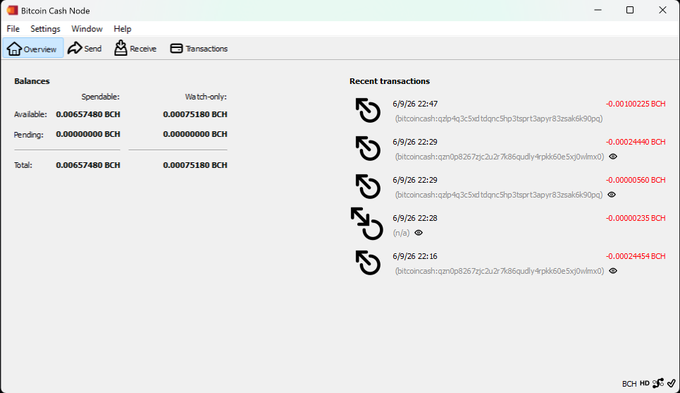 A screenshot of the Bitcoin Cash Node wallet application, displaying a balance of 0.00657480 BCH available, with a list of recent transactions on the right side, all showing negative BCH amounts in red.