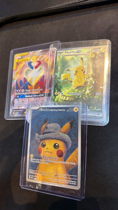 Three Pokémon trading cards—including a Pikachu, Pikachu GX, and Detective Pikachu—are displayed in protective sleeves on a dark surface. The image illustrates a successful crypto sale that earned approximately $3,920 (around 20,500 Brazilian reais), likely from reselling valuable cards like these.