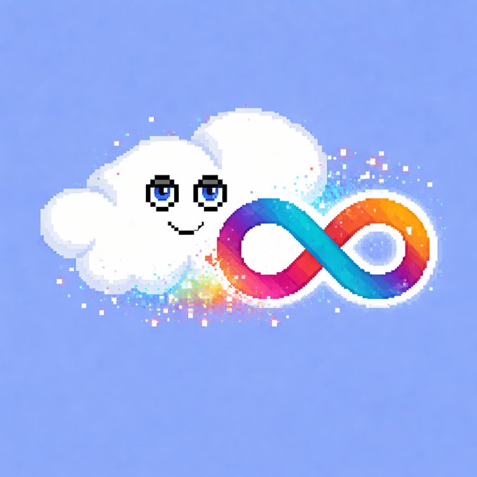 A pixel art design of a cute white cloud with a smiling face and blue eyes, next to a colorful rainbow infinity symbol on a light blue background.