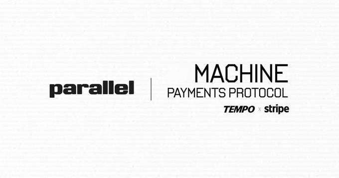 The image displays the "Machine Payments Protocol" logo by Stripe and Tempo, with the word "parallel" on the left. It visually represents the branding of the MPP platform discussed in the post, which now utilizes NEAR Intents to enable cross-chain settlements for AI agents.