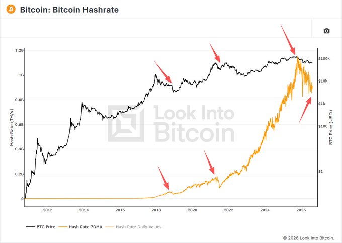 A chart titled "Bitcoin: Bitcoin Hashrate" from Look Into Bitcoin showing BTC Price and Hash Rate trends from 2012 to 2026, with red arrows highlighting specific points on the graph.