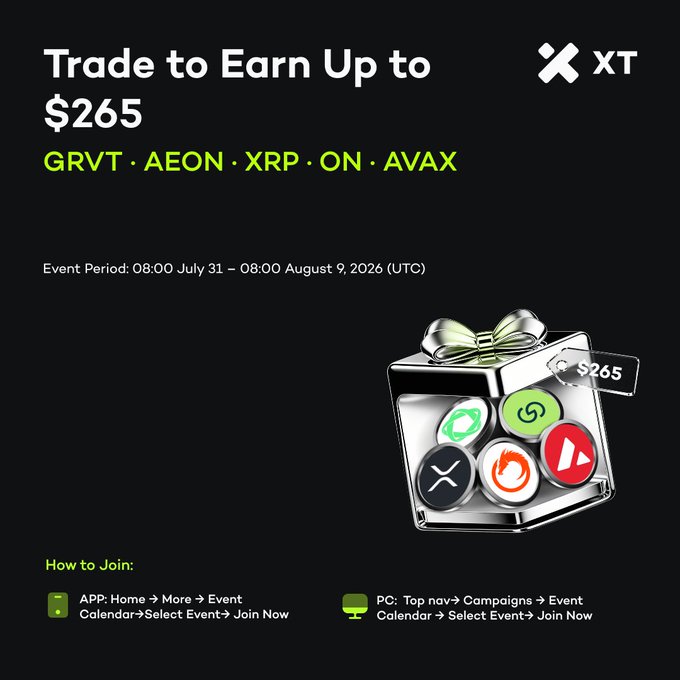 Promotional graphic from XT exchange advertising a "Trade to Earn Up to $265" campaign for GRVT, AEON, XRP, ON, and AVAX, running from July 31 to August 9, 2026, featuring an open gift box displaying the five token logos alongside instructions to join via the app or website.