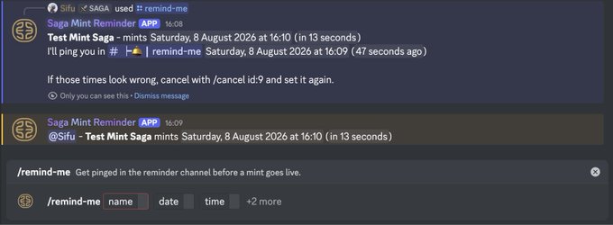 A screenshot of a Discord chat showing a 'Saga Mint Reminder' bot successfully pinging a user about an upcoming 'Test Mint Saga' event scheduled for August 8, 2026.