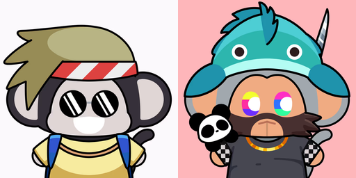Two cartoon characters side by side - on the left, a figure with a monkey face wearing sunglasses and a red headband, and on the right, a character with a teal fish hat and colorful rainbow eyes holding a small panda.