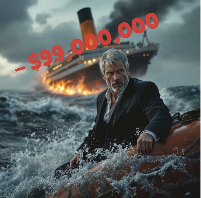 A dramatic AI-generated image of a man in a tuxedo on a life raft with a sinking ship in the background, overlaid with red text reading '-$99,000,000'.