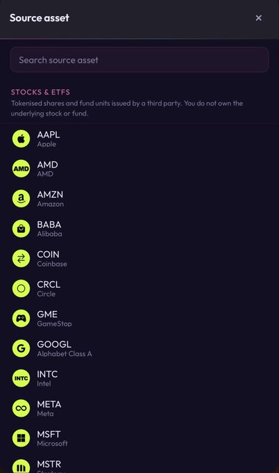 Mobile app screen listing tokenised stock and ETF assets including AAPL, AMD, AMZN, BABA, COIN, CRCL, GME, GOOGL, INTC, META, MSFT, and MSTR.