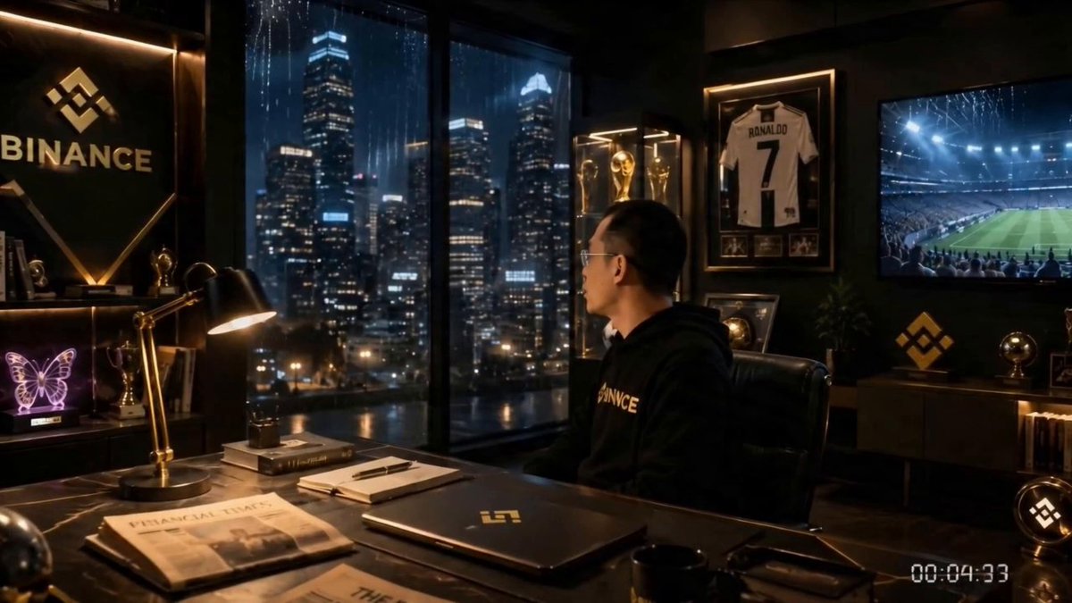 The image shows a man sitting at a desk with his eyes closed while looking out of a window, possibly watching the city skyline or enjoying the view. The scene takes place during nighttime, adding an element of tranquility to the atmosphere. The man is wearing a black sweatshirt and appears to be in deep thought or contemplation. In front of him on the desk are several books, suggesting that he might be reading or studying something related to cryptocurrency or finance.