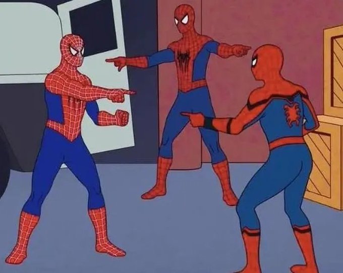 A cartoon illustration from a 1960s Spider-Man show featuring three Spider-Man figures in classic poses, all pointing at each other in confusion.