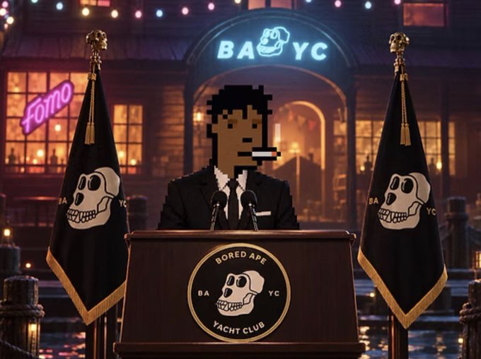 A pixel-art Bored Ape NFT character wearing a suit and smoking a cigar, standing at a podium flanked by skull-decorated flags in front of a 'BAYC' (Bored Ape Yacht Club) building with a neon 'Forno' sign.
