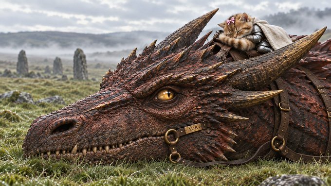 A fantasy scene depicting a tiny kitten wearing armor and holding a sword, resting on the head of a large dragon with a tag reading "AURE" in a misty, stone-strewn field.