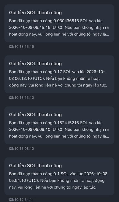 A screenshot of a Telegram chat displays multiple successful 'Gửi tiền SOL thành công' (SOL deposit successful) messages, including amounts like 0.17 SOL and 0.182415216 SOL, with dates from 2026-10-08.