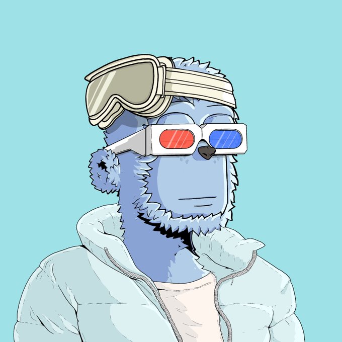 A cartoon illustration of a blue furry character wearing ski goggles on its forehead and red-blue 3D glasses, dressed in a light blue puffer jacket.