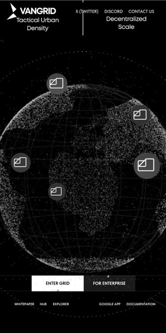 A black-themed webpage screenshot for 'VANGRID Tactical Urban Density Decentralized Scale', featuring a wireframe globe graphic with document icons and buttons for 'ENTER GRID' and 'FOR ENTERPRISE'.