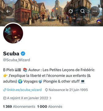 A screenshot of X (formerly Twitter) profile page for "Scuba" (@Scuba.Wizard), a verified user with 1,369 subscriptions and 1,000 followers, showing a cover photo of a quaint European street scene and a profile picture of underwater diving. The post celebrates reaching 1,000 followers, which is reflected in the profile's "1000 Abonnés" (Followers) statistic displayed at the bottom.