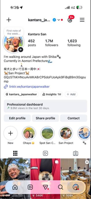 Instagram profile screenshot for 'kantaro_japanwalker' showing 452 posts, 1.7M followers, 1,623 following, with bio stating 'I'm walking around Japan with Shiba' and currently in Aomori Prefecture, along with stats for views (9.9M) and recent post engagement.
