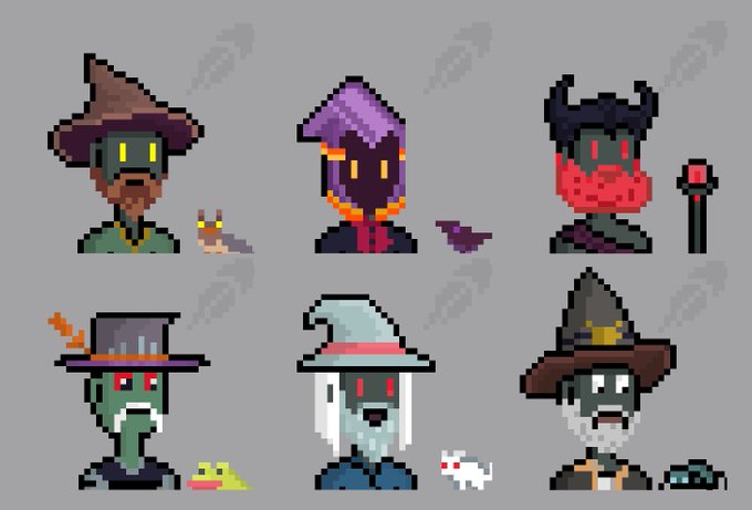 A pixel art illustration featuring six character portraits of witches and wizards in various hats (brown, purple, red horned, and grey wizard hats) accompanied by small pet creatures.