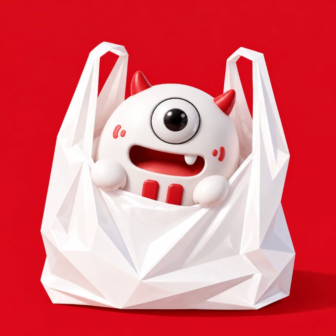 A 3D-rendered cute white monster character with one large eye, red horns, and small fangs, sitting inside a low-poly white paper bag against a bright red background.