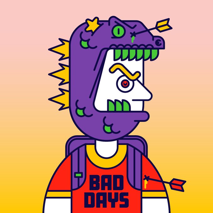 A cartoon illustration of a person wearing a purple dinosaur helmet pierced with arrows, and a red t-shirt that reads "BAD DAYS", set against a gradient yellow to pink background.
