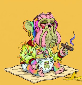 A colorful cartoon illustration of a grotesque, tentacled creature wearing a bib and sitting in a diaper while smoking a cigar on a yellow background.