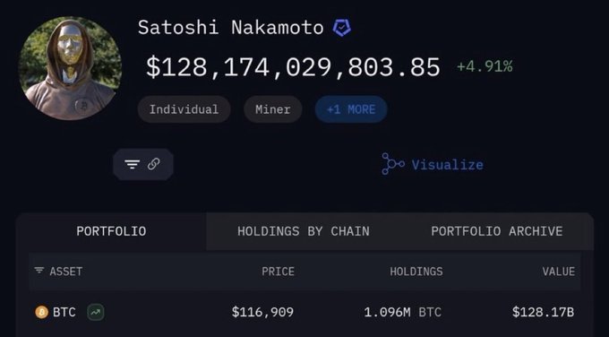A blockchain portfolio dashboard showing 'Satoshi Nakamoto' with a balance of $128,174,029,803.85 (+4.91%), labeled as Individual/Miner, holding 1.096M BTC at $116,909 per BTC.