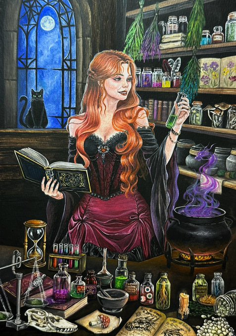 A red-haired witch in a gothic burgundy dress reads from an ancient tome while holding up a vial of green potion in a moonlit apothecary, surrounded by bubbling cauldrons, herbal ingredients, and a black cat perched by the window. The artwork's mystical, alchemical theme—emphasized by the lunar glow and arcane tools—visually captures the post's reference to "Lunar Alchemy" and "ancient mysteries born between the pages."