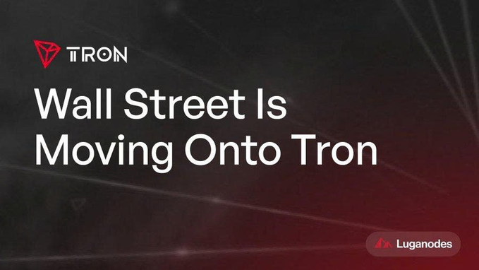 A Tron promotional graphic with the TRON logo and text "Wall Street Is Moving Onto Tron" against a dark red background, branded by Luganodes.