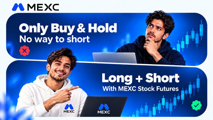 An advertisement for MEXC contrasting 'Only Buy & Hold / No way to short' (marked with an X) against 'Long + Short With MEXC Stock Futures' (marked with a checkmark).