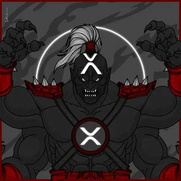A stylized illustration of a dark muscular figure with white hair, X-shaped markings on its face, spiked shoulder armor, and a red X emblem on its chest.
