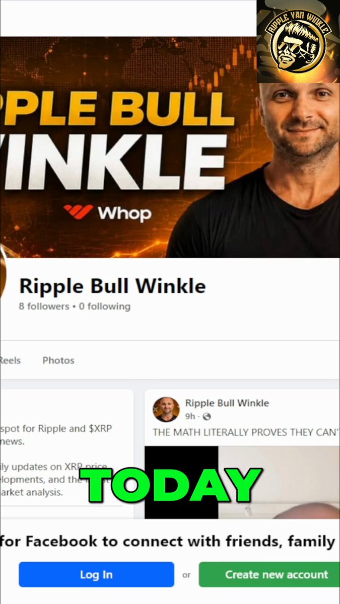 The image shows a social media post with a man wearing a black shirt, who appears to be a Bitcoin enthusiast or an expert. The post features a picture of the man's face along with some text about Ripple Bull Winkle and the strategy of buying and borrowing Bitcoins. The caption reads "Today for Facebook to connect with friends, family, create new account, log in".