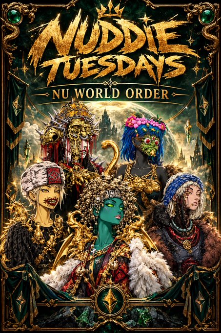 An ornate poster for 'Muddie Tuesdays - Nu World Order' featuring four stylized figures with elaborate crowns and masks against a fantastical cityscape background with gold and green tones.
