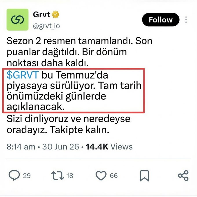 A Turkish-language tweet from the verified @grvt_io account announcing that Season 2 has ended, with a red box highlighting that the $GRVT token will launch in July, with the exact date to be announced soon.