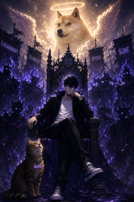 A haloed Doge watches over a man on a throne surrounded by demonic figures and banners with tickers such as $GME, $CATE, and $SCASHCAT, while a cat with a "$CATE" collar sits below. This image visually represents the cryptocurrency theme in the accompanying post, with Doge and Cat as prominent figures.