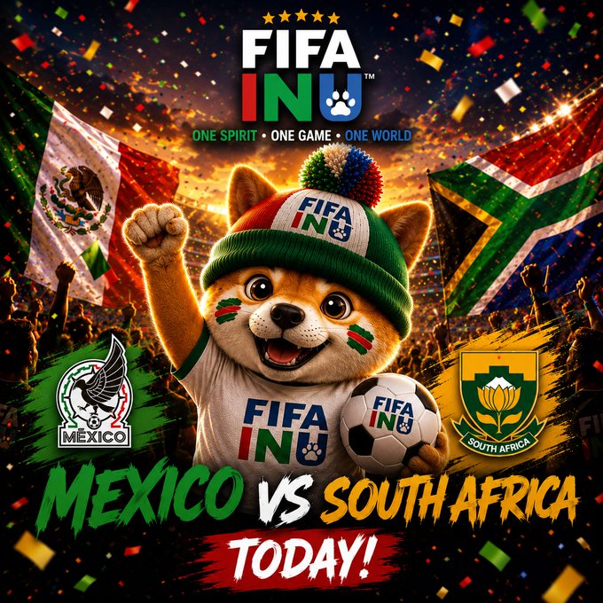 The image features a cartoon cat wearing a green hat, holding a soccer ball, with a banner that says "Mexico vs South Africa Today!". The background of the image shows a colorful flag from Mexico and South Africa, along with text promoting the FIFA Inu game. The focus on the image is to draw attention to the upcoming match between Mexico and South Africa.