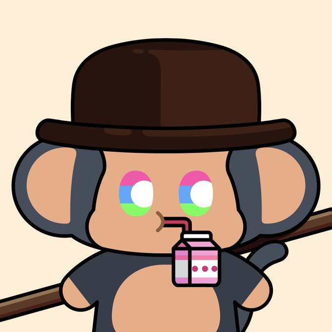A cartoon illustration of a grey mouse wearing a brown bowler hat, drinking a pink carton of juice with a straw, featuring colorful pink, blue, and green eyes.