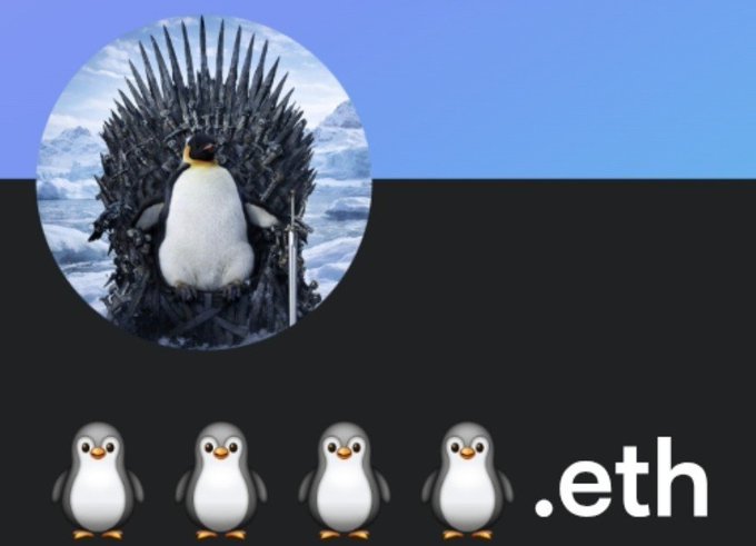 A meme featuring a penguin photoshopped onto the Iron Throne with four smaller penguin emojis below and the text '.eth', suggesting an Ethereum domain.
