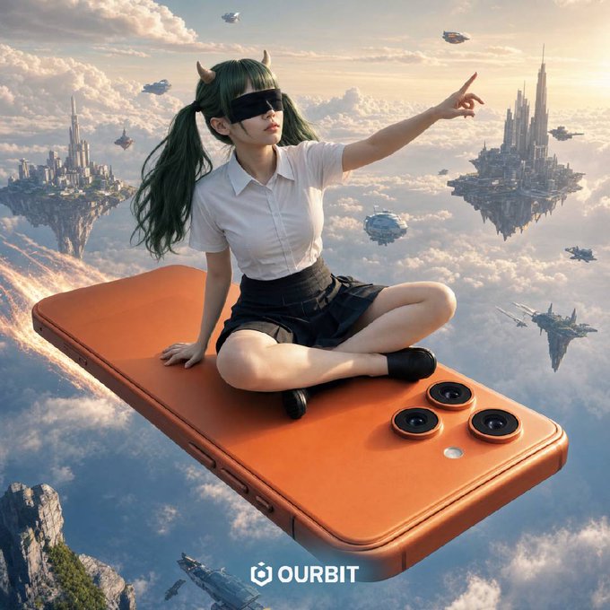 An anime-style character with green twin-tails and sunglasses rides a giant orange smartphone through a futuristic sky filled with floating sci-fi cities and spacecraft, with the "OURBIT" logo displayed at the bottom. The image visually promotes a semiconductor futures trading event offering a $160k prize pool and an iPhone 17 Pro giveaway, using the surreal flying phone as a metaphor for soaring market potential.