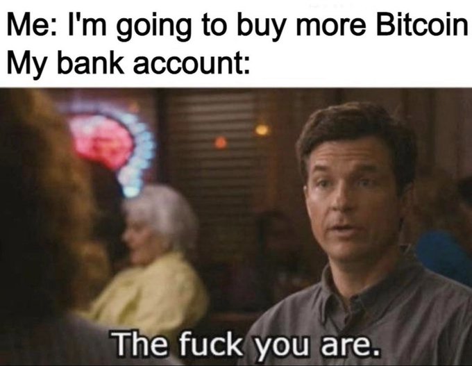 A meme features the "I'm going to buy more Bitcoin / My bank account:" caption paired with a scene from Arrested Development where Jason Bateman's character says "The fuck you are."