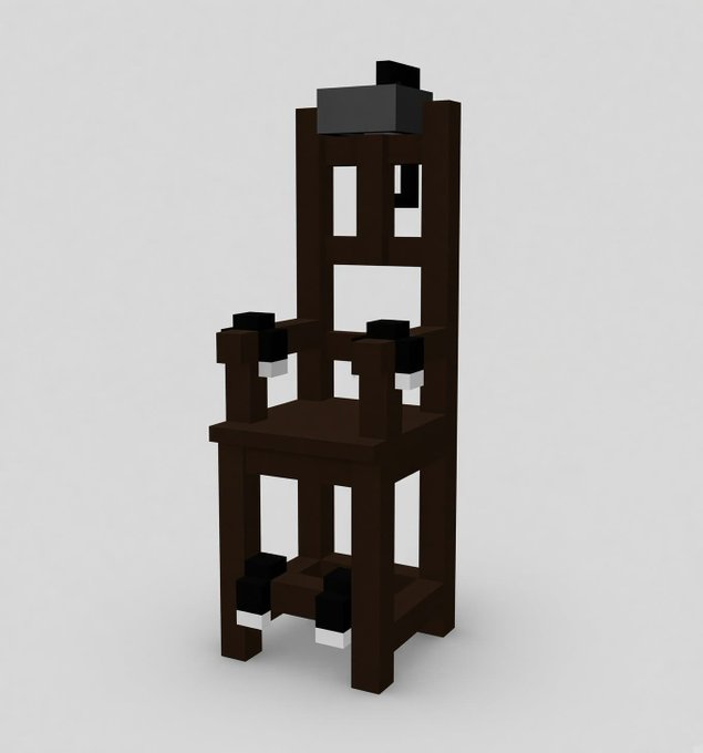 A voxel-style 3D model of a brown and black wooden chair with a tall backrest is rendered against a light gray background.