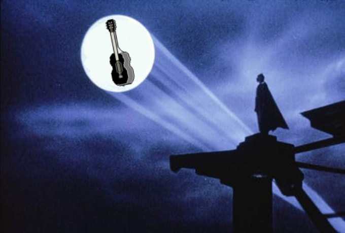Stylized blue-tinted illustration of a silhouetted figure standing on a cross-like structure, gazing at a full moon that contains an acoustic guitar silhouette.
